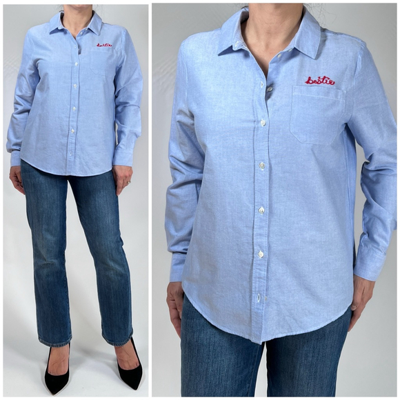 NWT Sezane Womans Shirt Blue Button Down Shirt with Red 